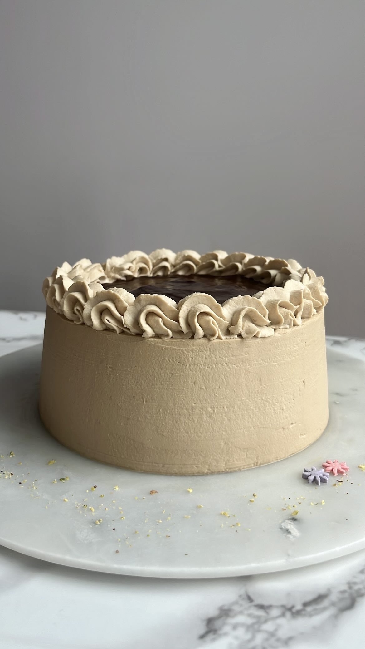 Coffee genoise cake covered with a smooth layer of coffee cream.