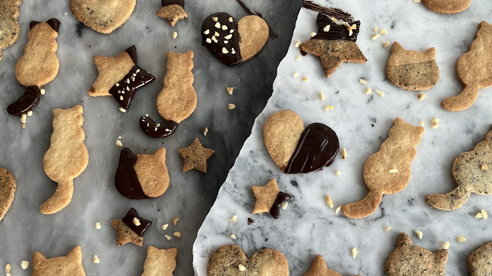 Cookie in cat, star and heart shapes, decorated with chocolate and hazelnut