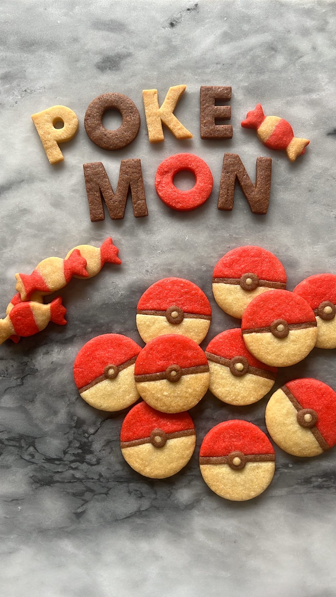 Cookie shaped like a Poké Ball, linking to the Poké Ball Cookie recipe.